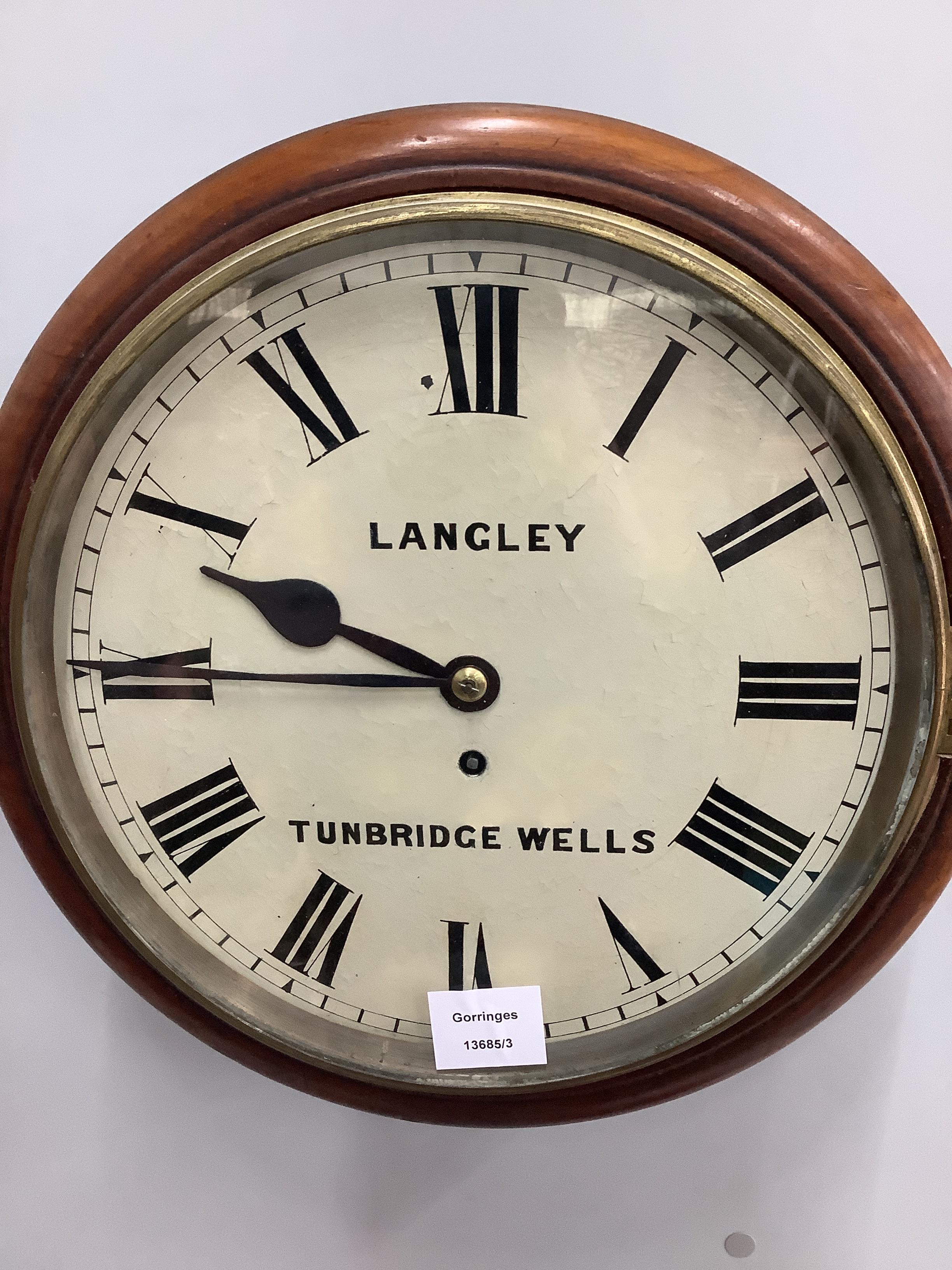 A Victorian mahogany circular single fusee wall dial marked Langley, Tunbridge Wells, diameter 36cm